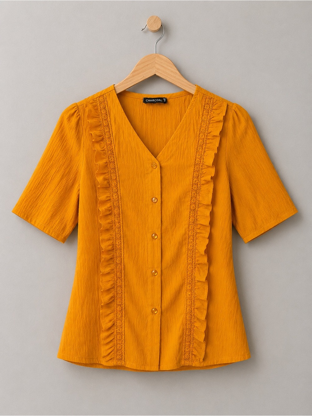Charcoal Women’s Mustard Yellow Ruffle Lace Trim Blouse Sz S  Textured India Top